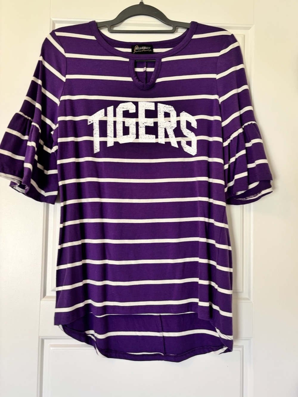 Striped 'Tigers' Keyhole Ruffle Sleeve Top - Purple